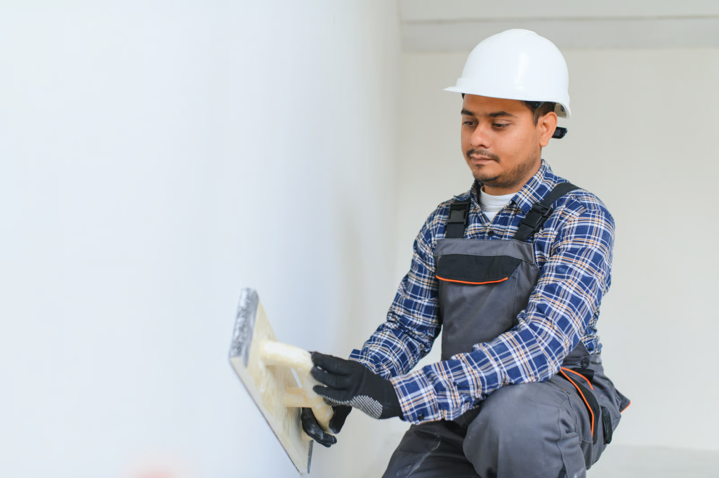 Tukang bangunan Asia meratakan adukan plester menggunakan roskam.