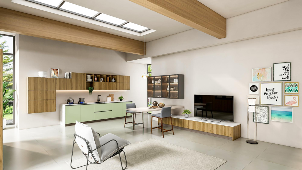 Interior rumah 2 lantai minimalis dengan konsep open space yang menggabungkan ruang tamu, ruang makan, dan dapur tanpa sekat.