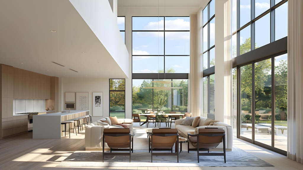 Rumah 2 lantai minimalis dengan jendela besar dan pencahayaan alami yang masuk ke dalam ruang interior.