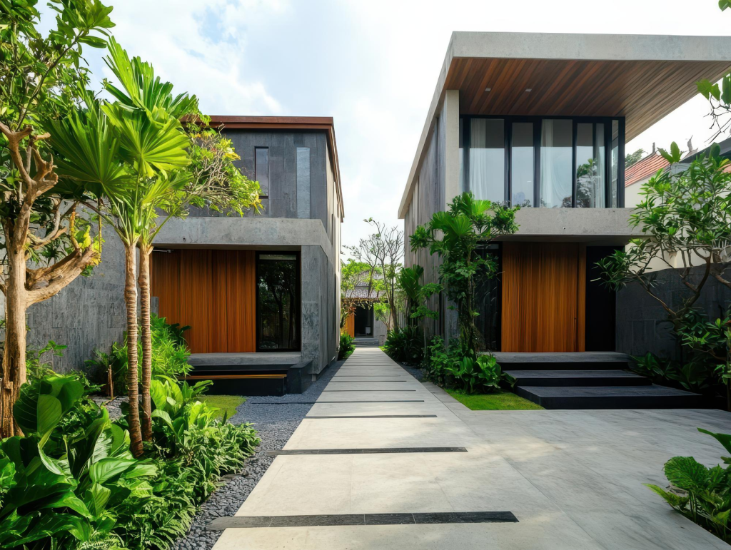 Tampilan rumah tingkat minimalis 2 lantai dengan desain modern di lingkungan perumahan.