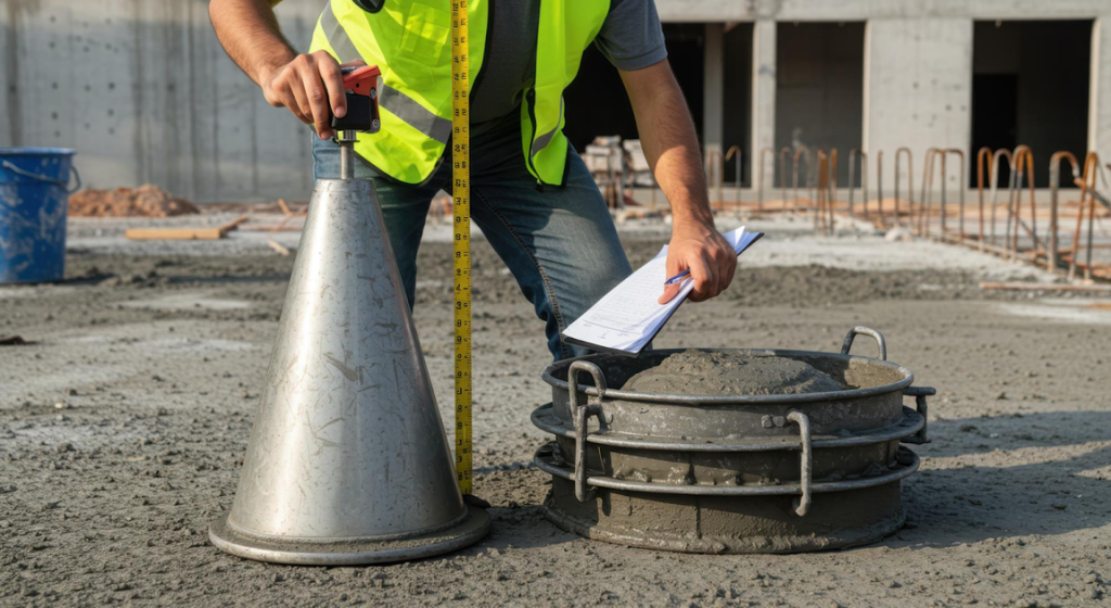 Pengujian slump test pada beton ready mix di lokasi proyek untuk memastikan kontrol mutu beton.
