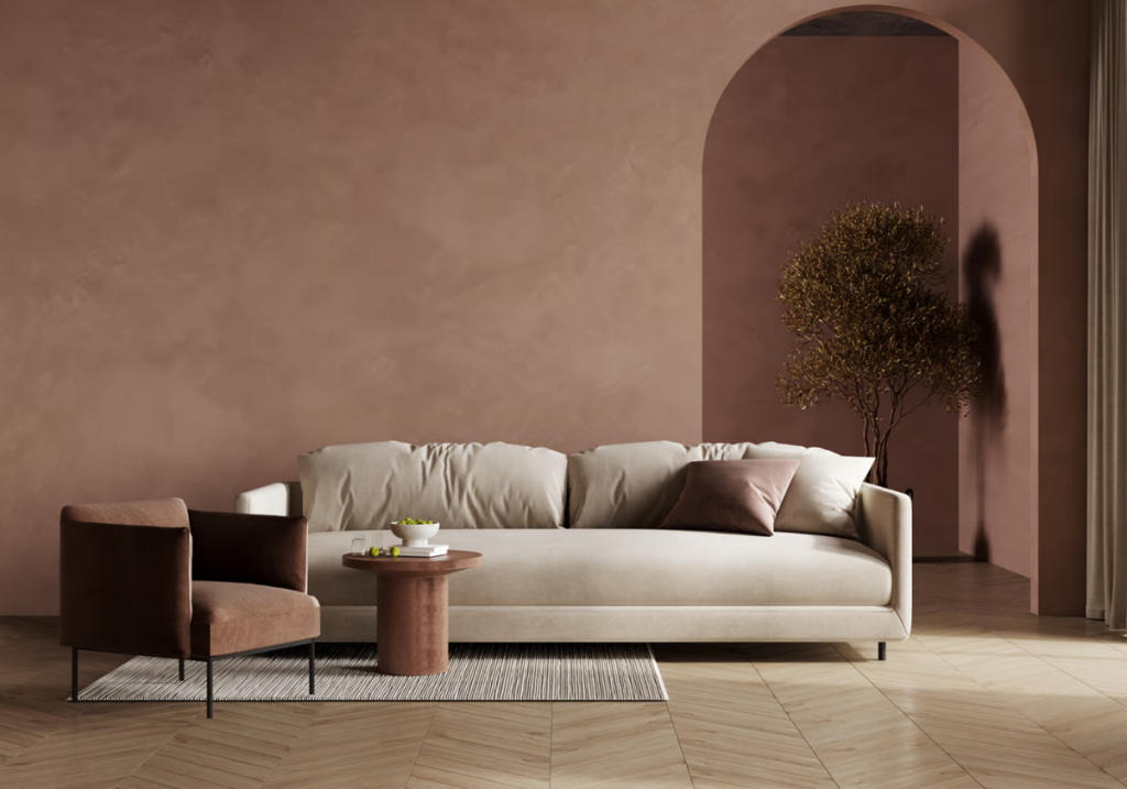 Palet tren warna interior 2026 dengan nuansa beige, warm grey, dan earth tone.