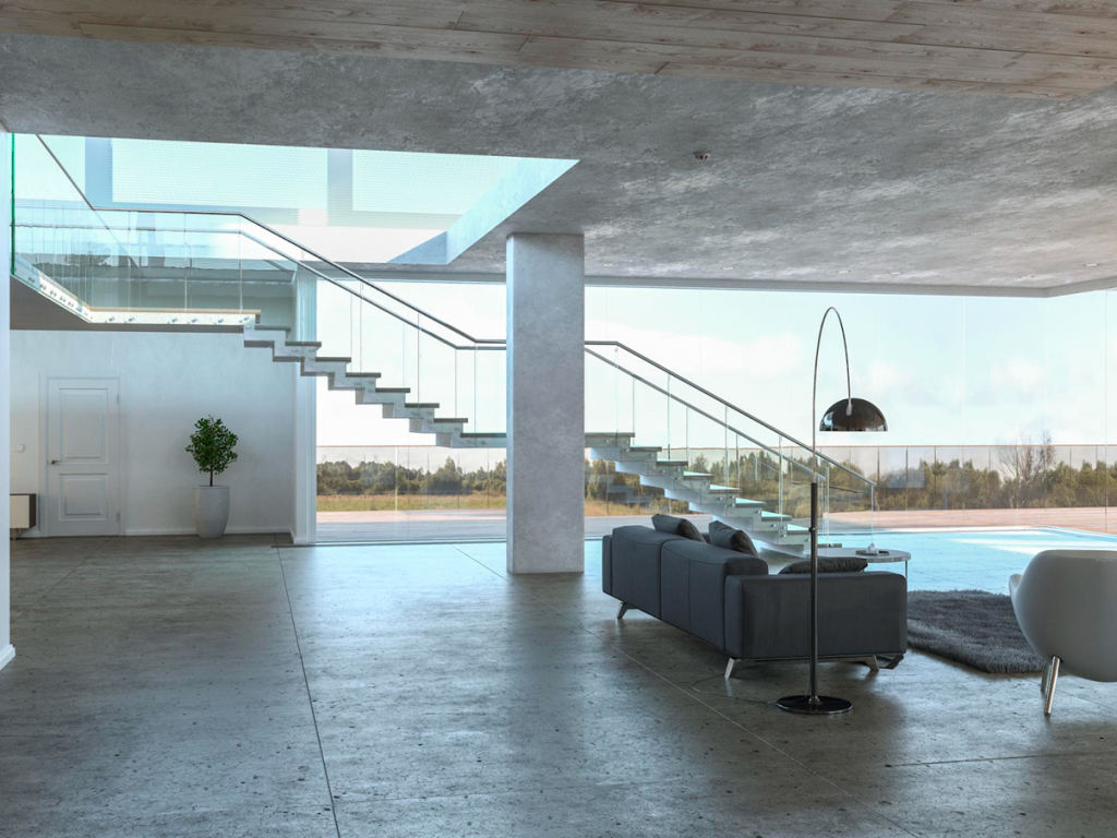 Rumah minimalis dua lantai dengan atap datar modern, rooftop santai, dan tangga floating minimalis.