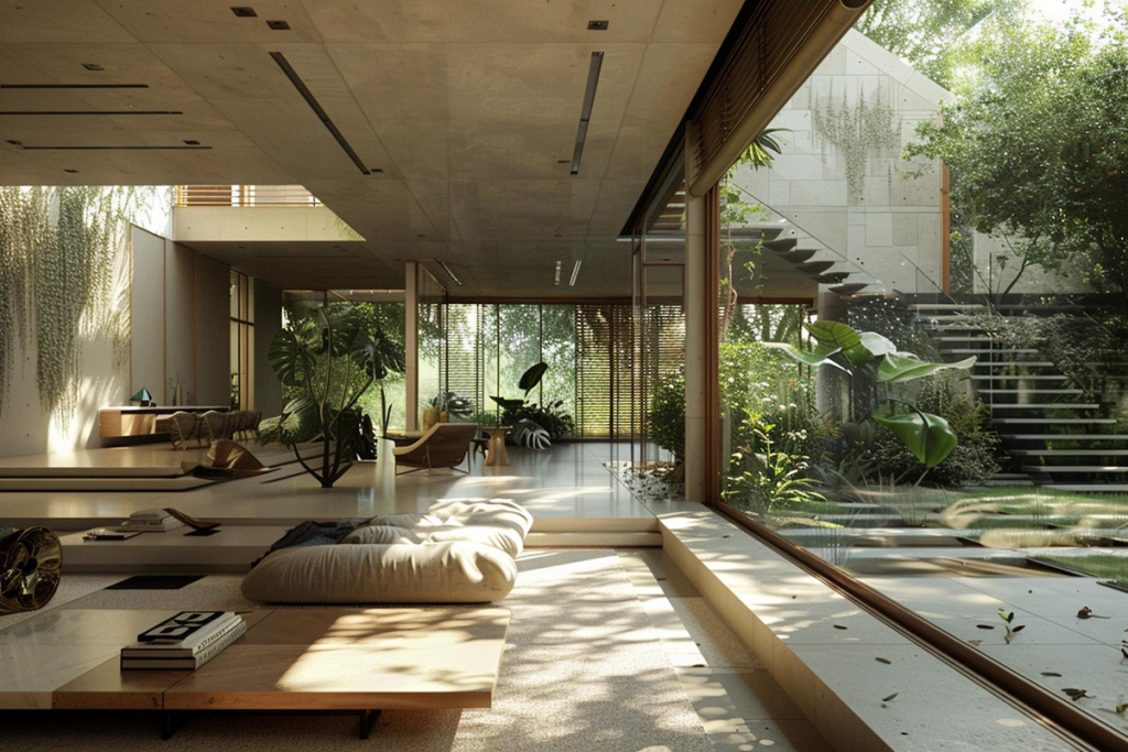 Rumah minimalis modern dua lantai dengan area void interior, konsep tropis modern, dan warna netral elegan.