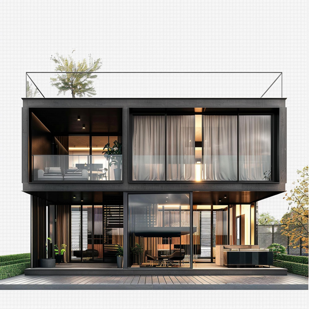 Desain rumah minimalis dua lantai dengan jendela besar, konsep industrial modern, dan tata ruang compact