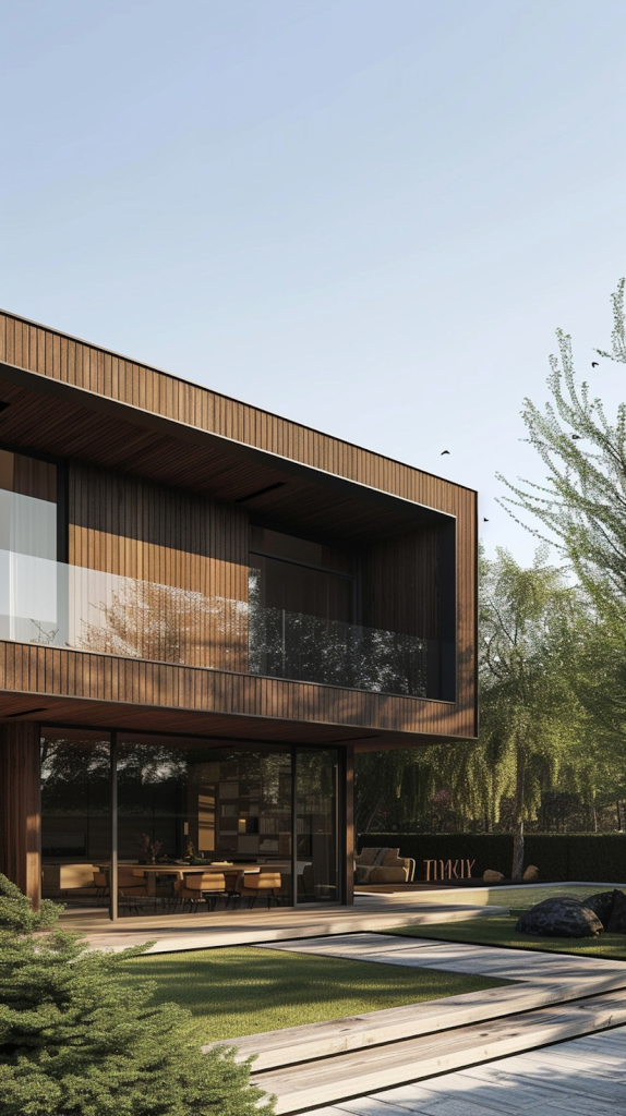 Rumah minimalis dua lantai dengan fasad simpel, balkon kecil estetik, dan aksen kayu natural.