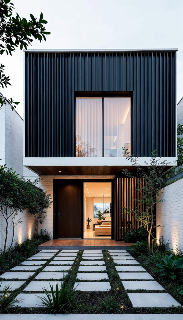 Rumah tingkat minimalis modern dengan taman depan, fasad asimetris, dan konsep ruang semi outdoor yang fungsional.