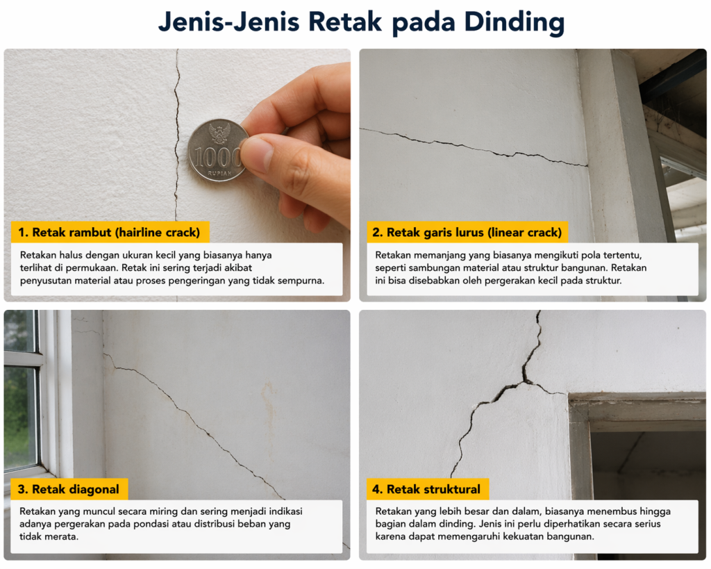 Ilustrasi jenis-jenis retak pada dinding yang terdiri dari retak rambut, retak garis lurus, retak diagonal, dan retak struktural dalam satu tampilan collage.