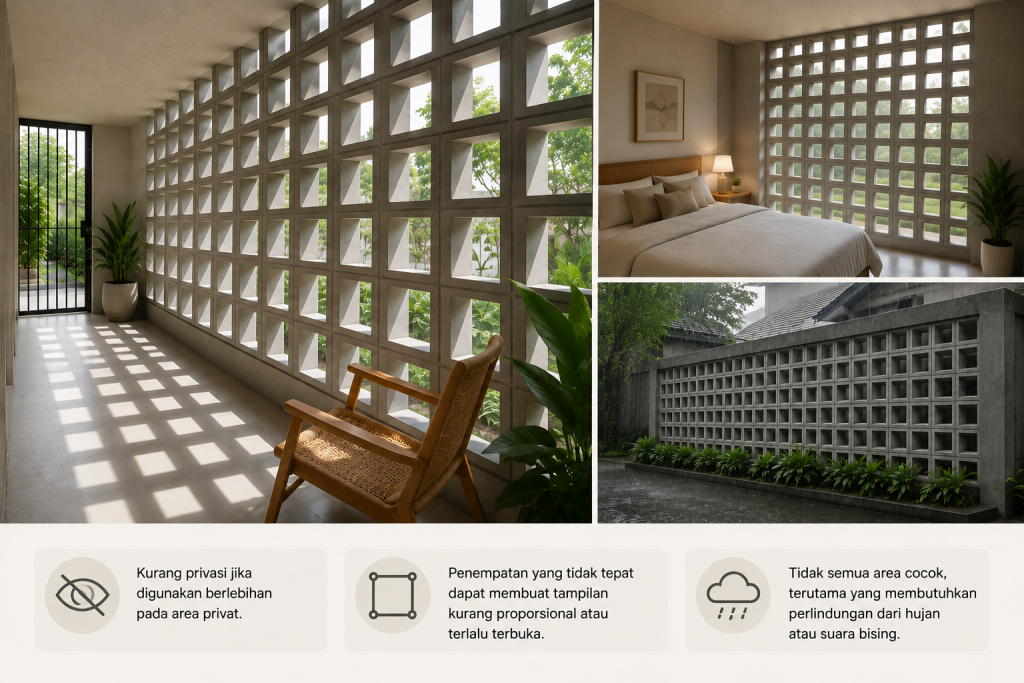 Roster beton minimalis pada rumah modern dengan fungsi ventilasi alami, pencahayaan, dan fasad estetik pada area koridor, kamar tidur, serta dinding eksterior.