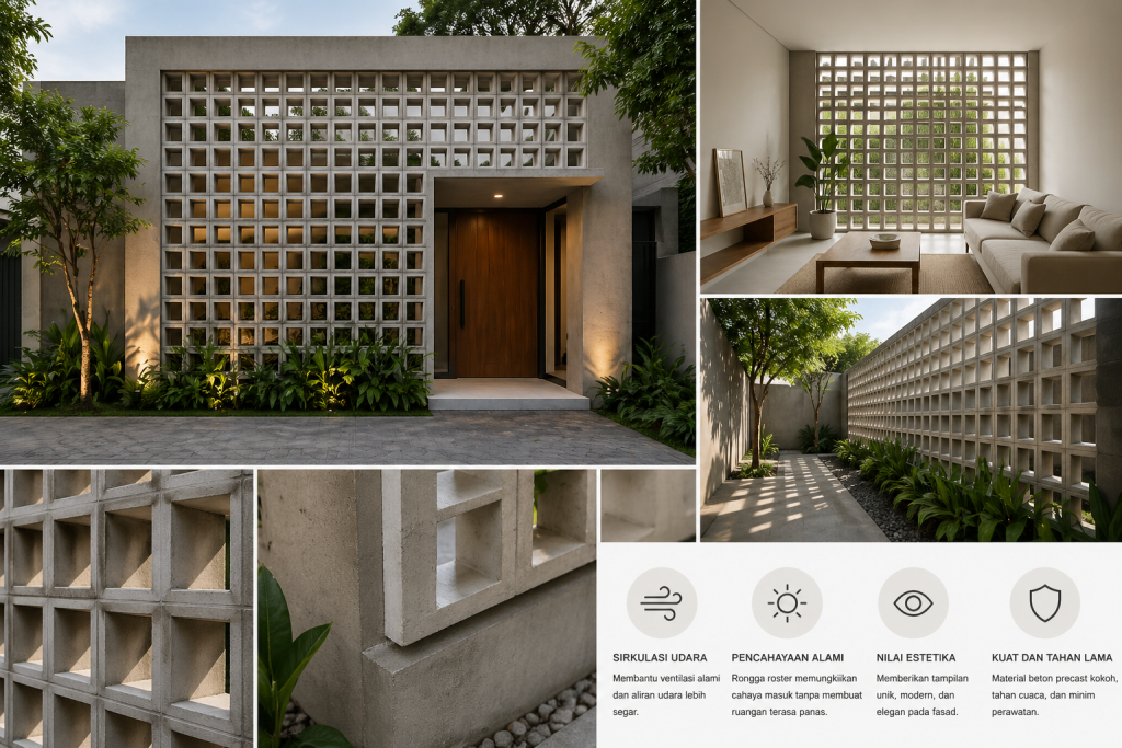 Kolase rumah modern dengan roster beton pada fasad dan ventilasi, menampilkan sirkulasi udara alami, pencahayaan maksimal, nilai estetika tinggi, serta material yang kuat dan tahan lama