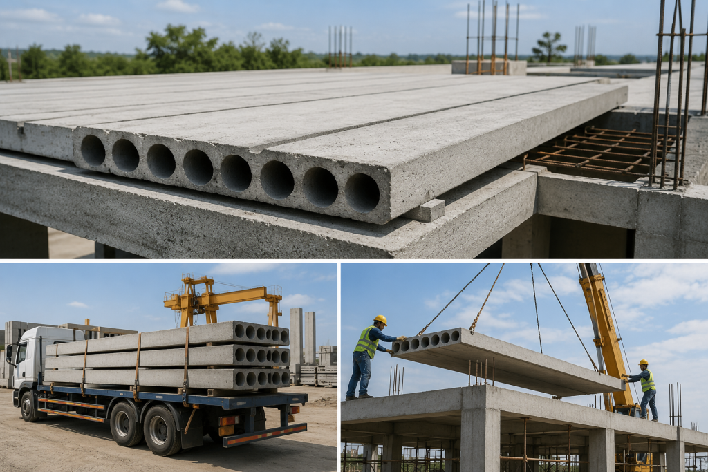 Proses pemasangan lisplang beton dan beton bertulang pada sistem precast dengan panel beton pracetak, struktur atap bangunan modern, serta pengangkatan material menggunakan crane untuk memperkuat konstruksi dan tampilan fasad bangunan.