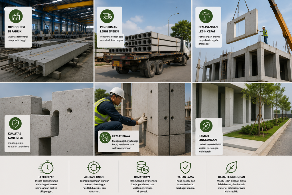 Proses penggunaan precast beton pada proyek konstruksi modern mulai dari produksi di pabrik, pengiriman material, pemasangan panel beton, hingga hasil bangunan yang lebih cepat, presisi, hemat biaya, dan ramah lingkungan.