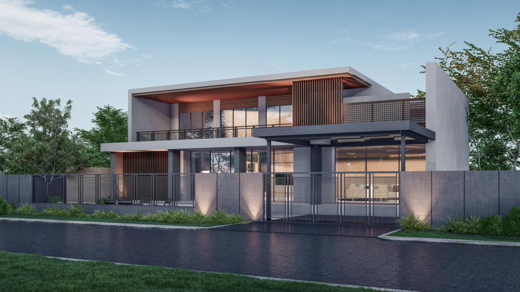 Fasad rumah tingkat 2 minimalis modern dengan desain simpel dan clean
