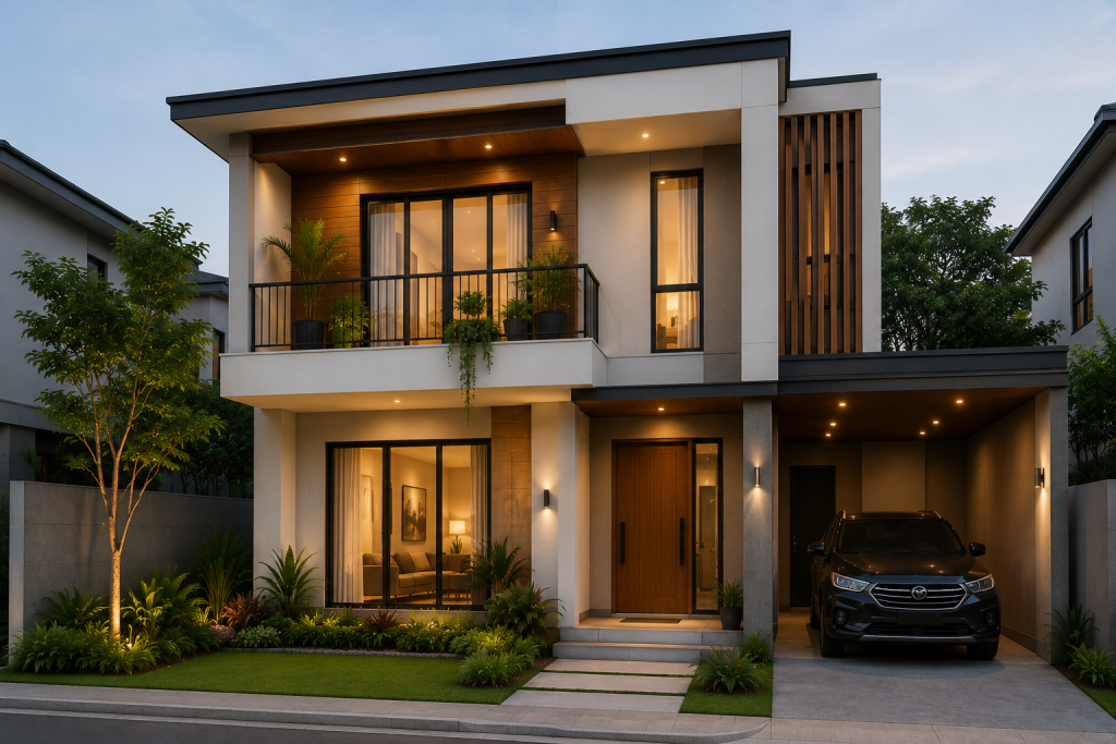 Rumah tingkat 2 minimalis modern dengan balkon kecil estetik dan sentuhan kayu natural pada fasad rumah untuk hunian nyaman dan elegan