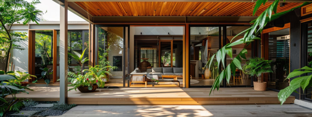 Rumah 2 lantai minimalis bergaya tropis modern dengan bukaan besar, ventilasi alami, kanopi, dan taman hijau yang nyaman untuk iklim Indonesia