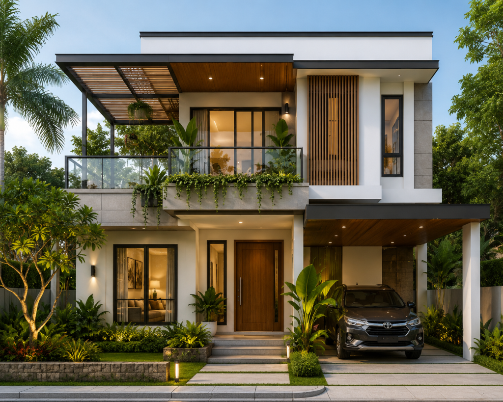 Rumah 2 lantai minimalis bergaya tropis modern dengan warna netral elegan dan atap datar kontemporer untuk hunian nyaman dan fungsional