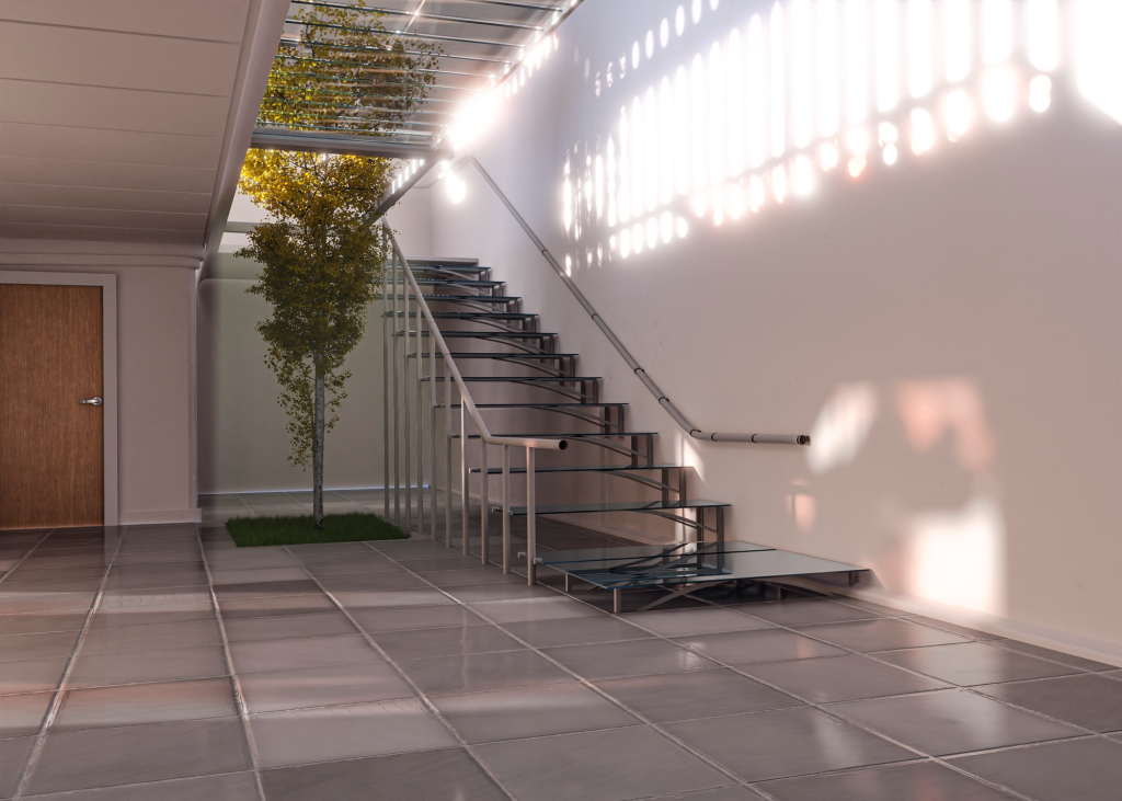 Interior rumah tingkat minimalis modern dengan tangga floating elegan, desain hemat ruang, dan tampilan mewah yang ringan serta estetik