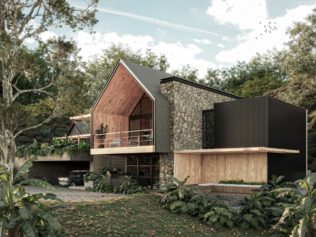 Rumah minimalis kombinasi beton dan kayu dengan desain modern dan natural