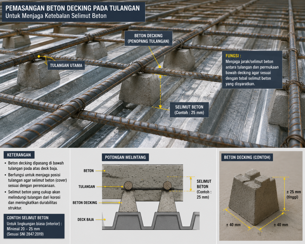 Pemasangan beton decking pada tulangan untuk menjaga ketebalan selimut beton