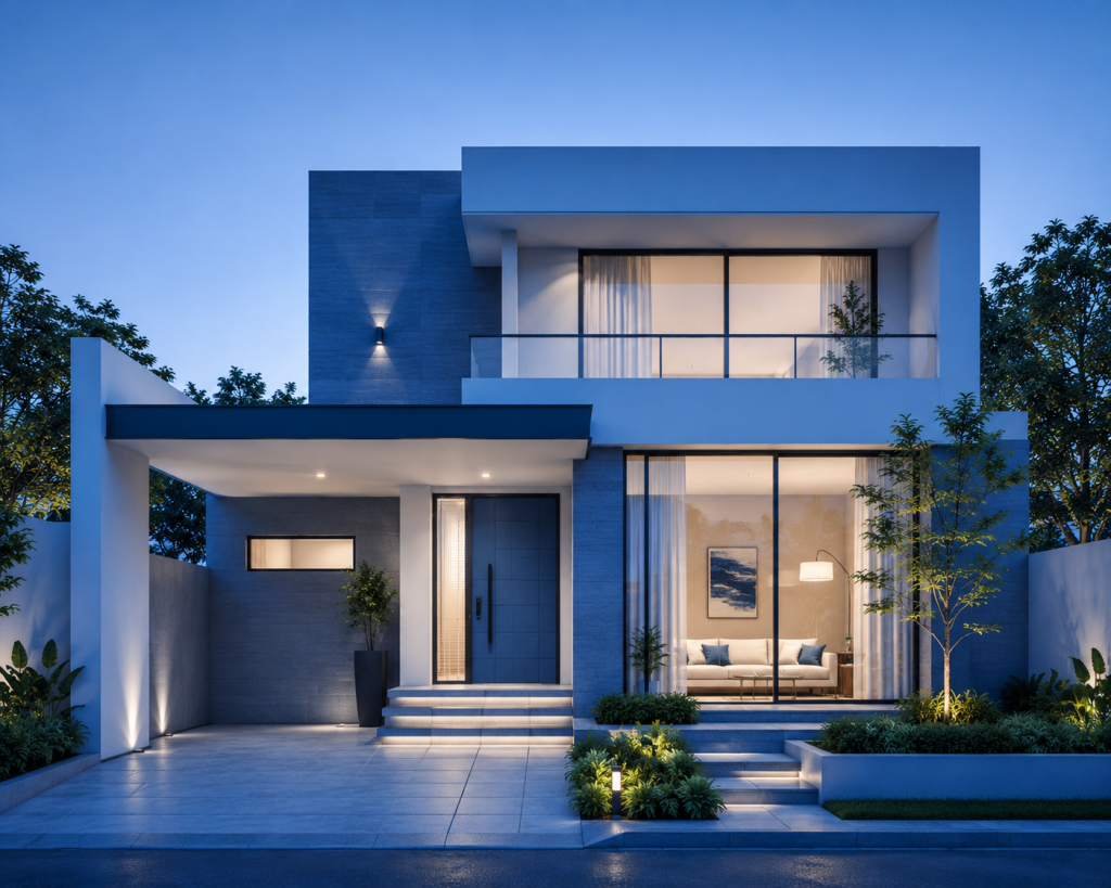 Rumah minimalis modern dengan dominasi warna biru yang memberikan kesan tenang dan elegan