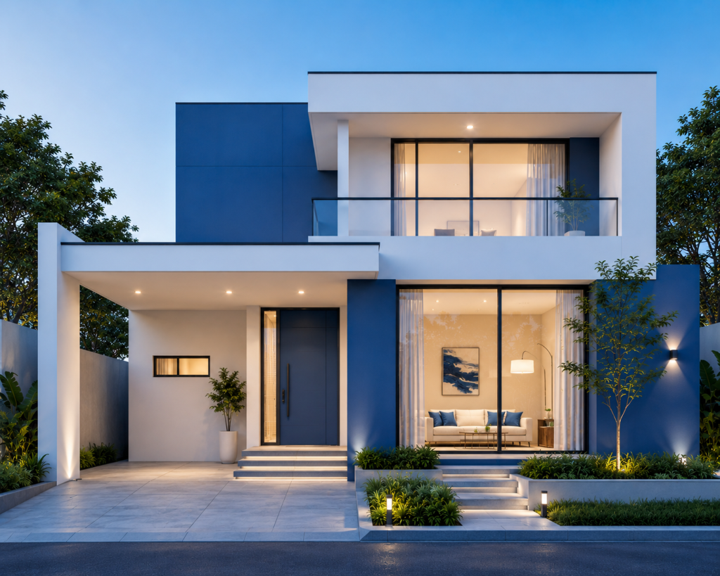 Kombinasi warna biru dan putih pada rumah minimalis modern
