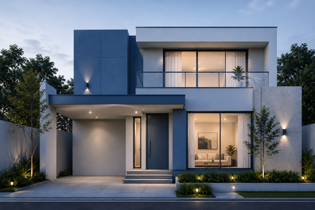 Tampilan rumah minimalis modern dengan kombinasi warna biru dan abu-abu yang memberikan kesan elegan dan kontemporer