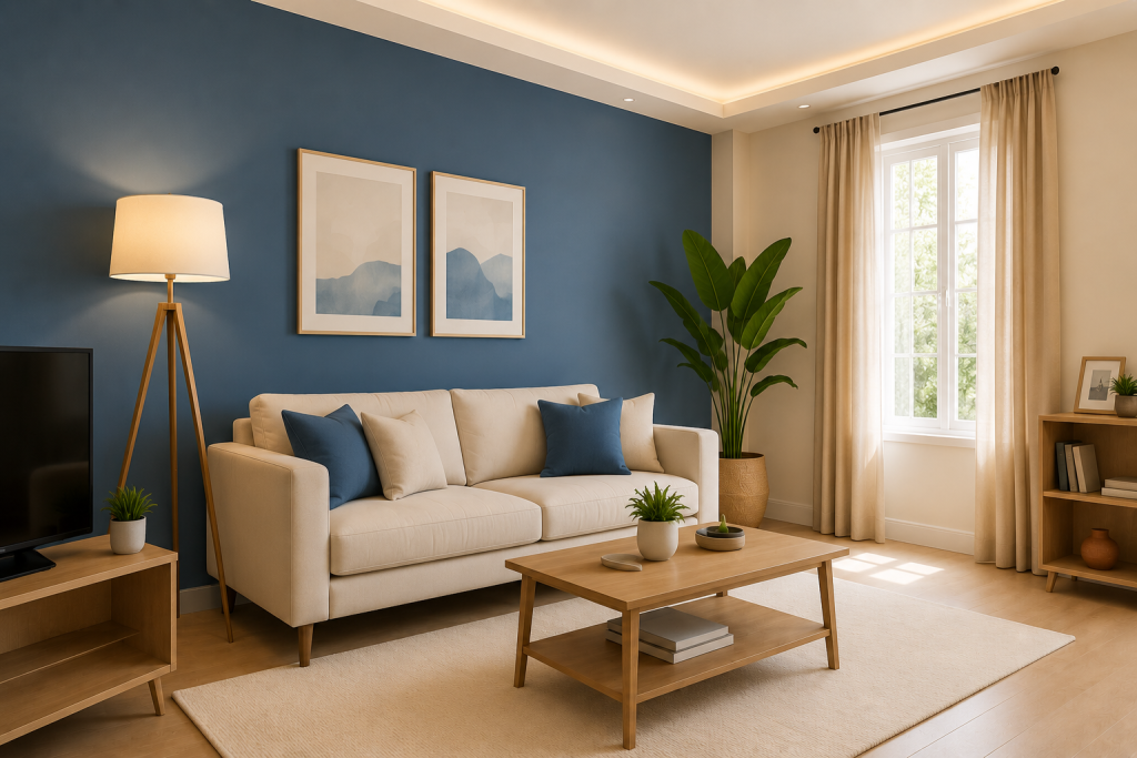 Ruang tamu modern minimalis dengan kombinasi warna biru dan krem yang menciptakan suasana hangat, nyaman, dan elegan.