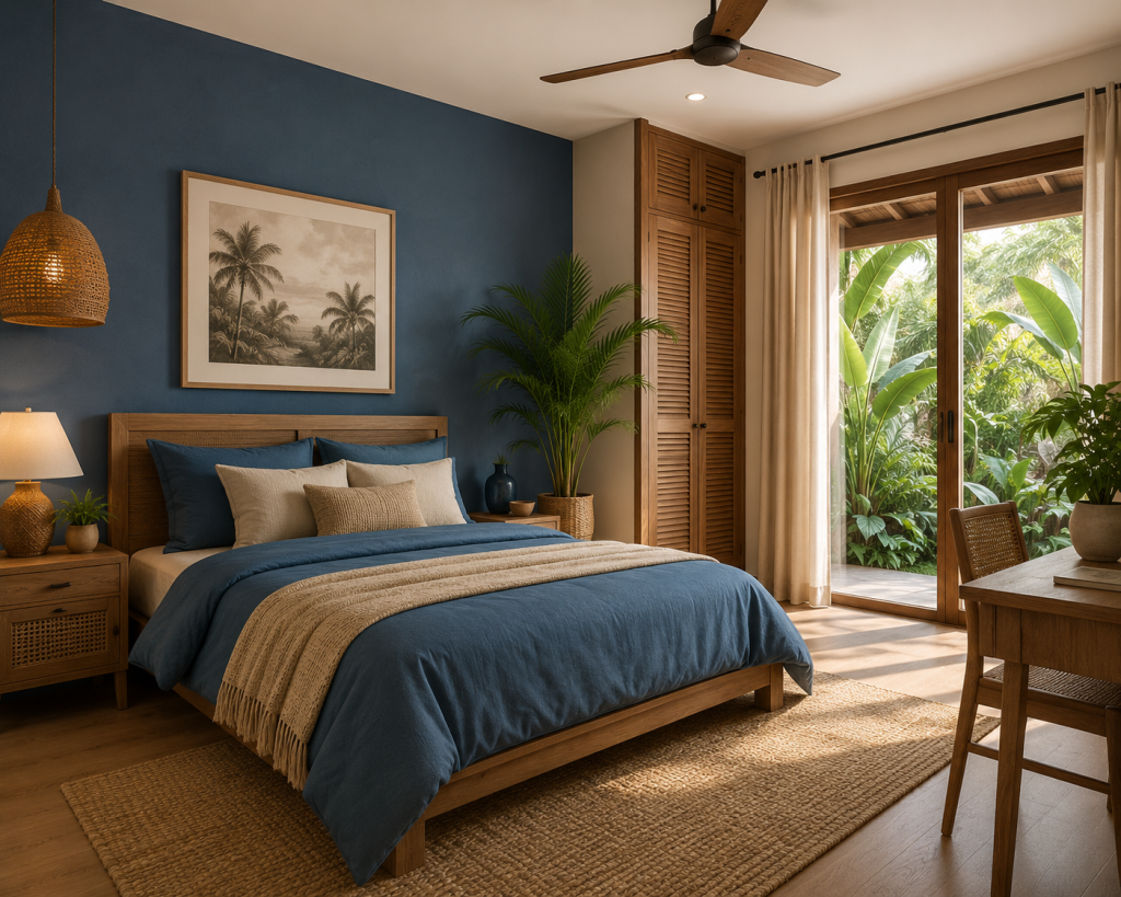 Kamar tidur tropis dengan kombinasi warna biru dan cokelat kayu yang hangat, alami, dan nyaman.
