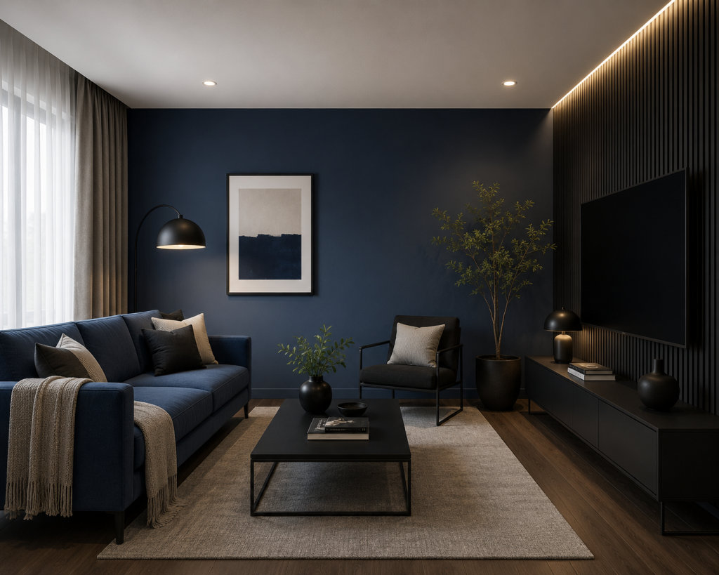 Ruang tamu modern minimalis dengan kombinasi warna biru dan hitam yang menghadirkan kesan elegan, tegas, dan berkelas.