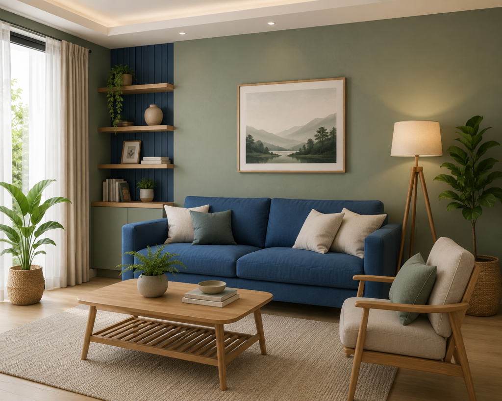 Ruang tamu modern dengan kombinasi warna biru dan hijau sage yang menciptakan suasana tenang, segar, dan nyaman.
