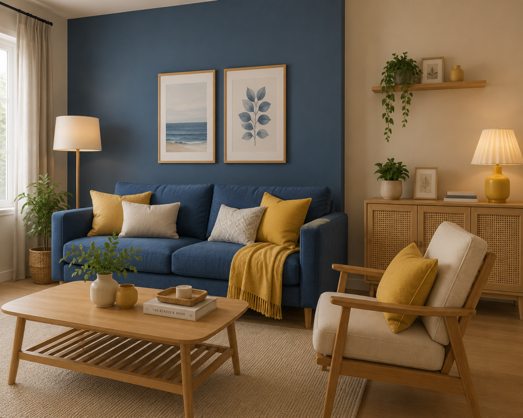 Ruang tamu modern dengan kombinasi warna biru dan kuning yang menghadirkan suasana ceria, hangat, dan penuh energi.