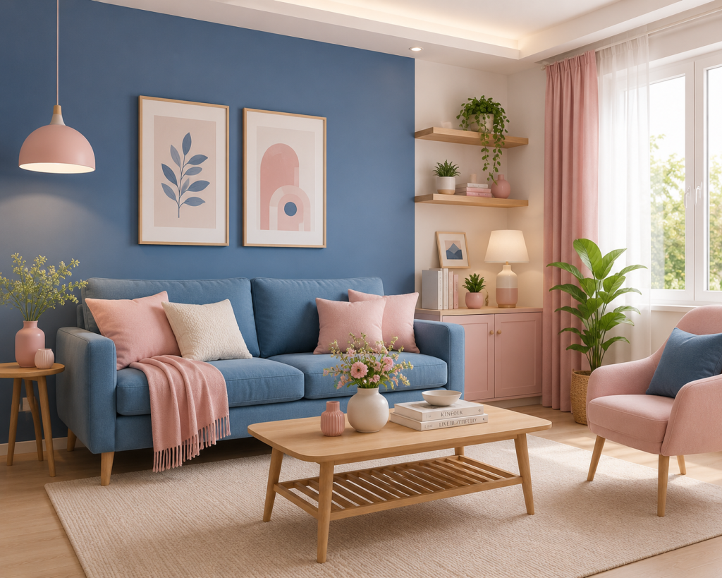 Ruang tamu modern dengan kombinasi warna biru dan pink pastel yang menghadirkan suasana lembut, hangat, dan nyaman.