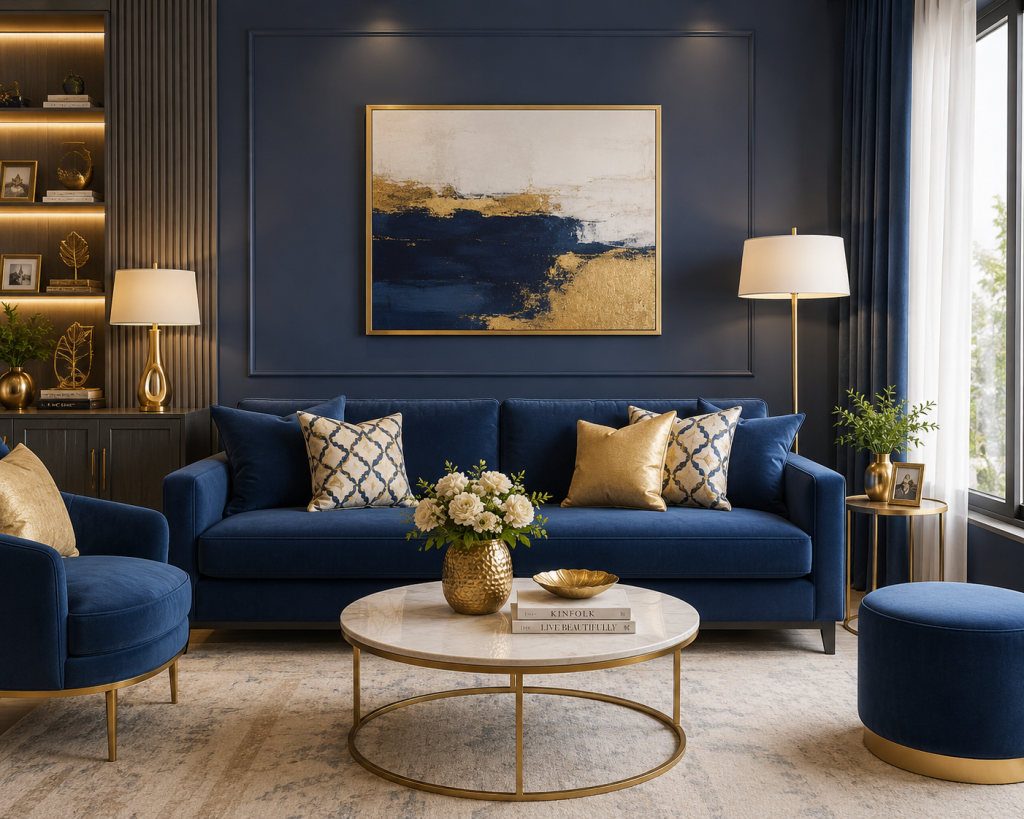 Rumah modern dengan kombinasi warna biru dan aksen emas yang elegan