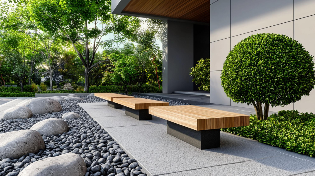 Taman depan rumah minimalis modern dengan kombinasi tanaman hijau dan paving