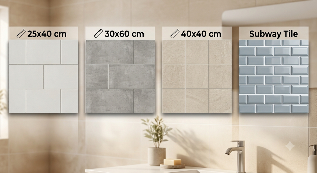 Perbandingan ukuran keramik dinding kamar mandi 25x40, 30x60, 40x40, dan subway tile
