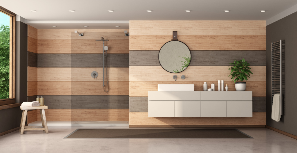 Keramik dinding kamar mandi motif kayu dengan nuansa hangat.