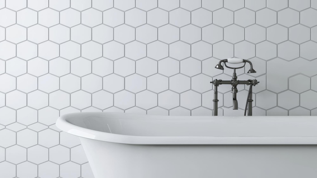 Keramik dinding kamar mandi berbentuk hexagonal warna putih.