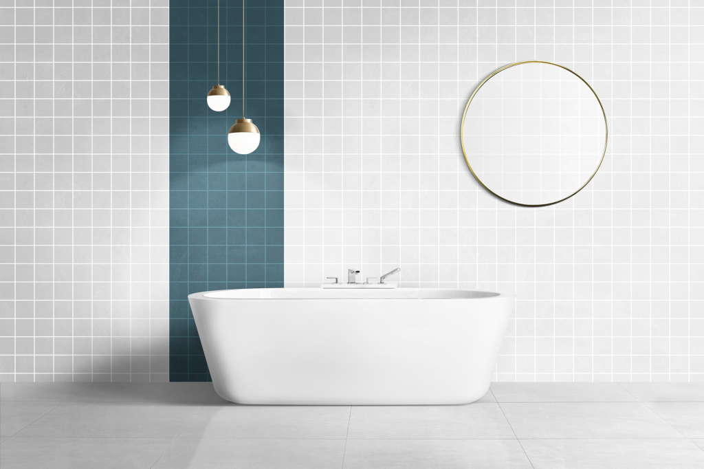Keramik dinding subway tile putih pada kamar mandi minimalis.