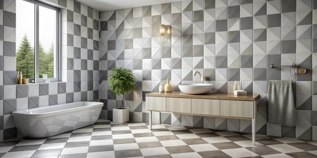Keramik dinding kamar mandi bermotif geometris modern.