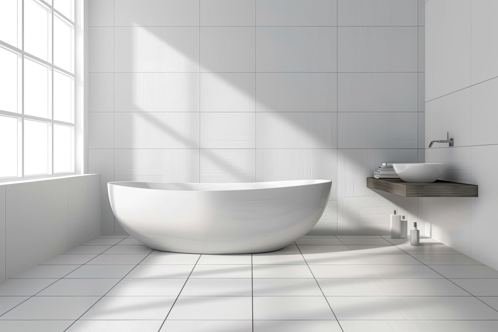 Keramik dinding kamar mandi putih minimalis yang bersih dan terang.