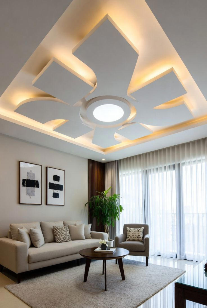Plafon Gypsum dengan Bentuk Geometris Modern
