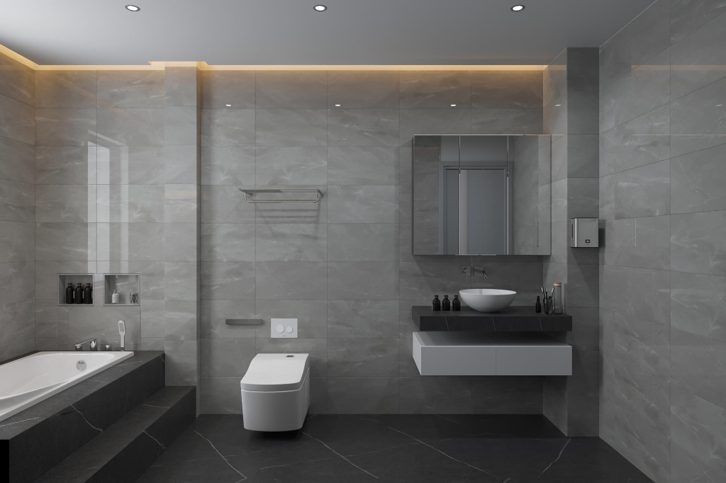 Keramik dinding kamar mandi abu-abu bergaya modern.