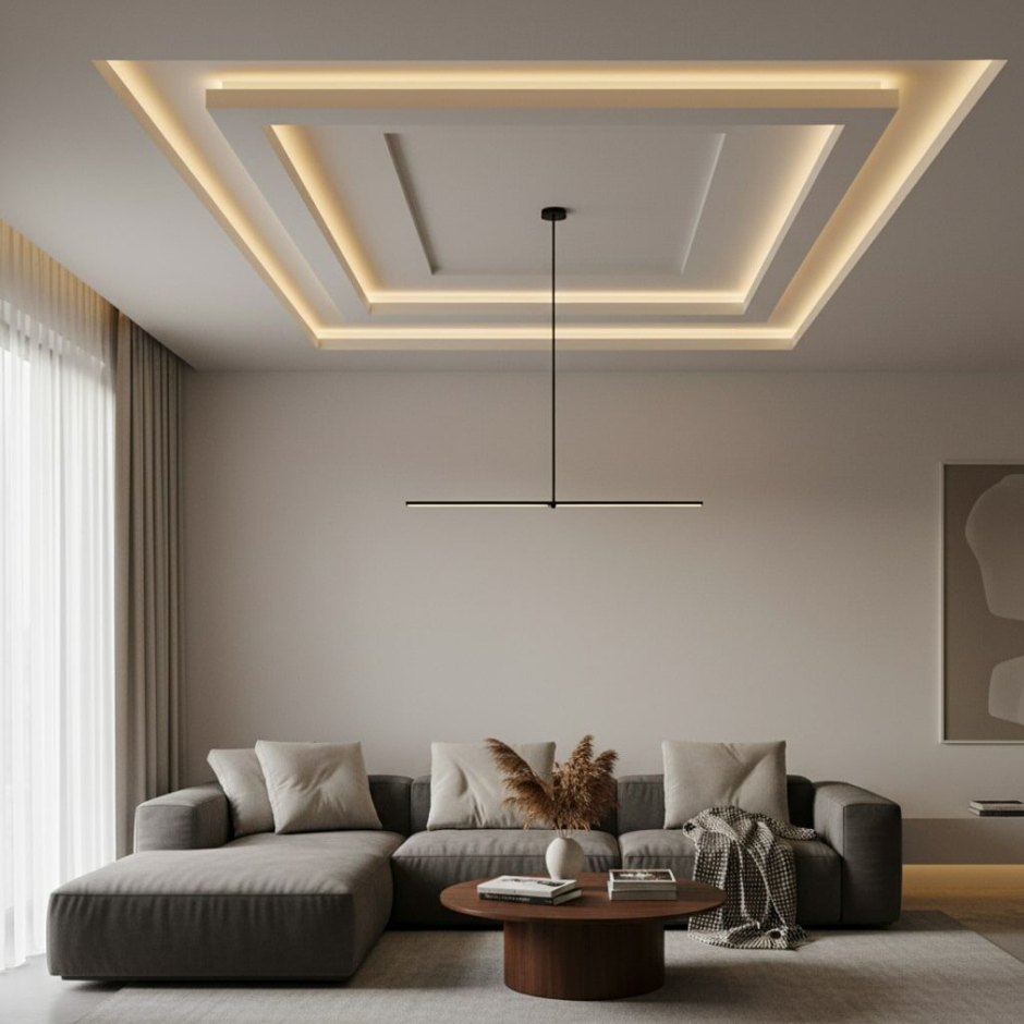Plafon Minimalis dengan Lampu LED Tersembunyi untuk Ruang Tamu