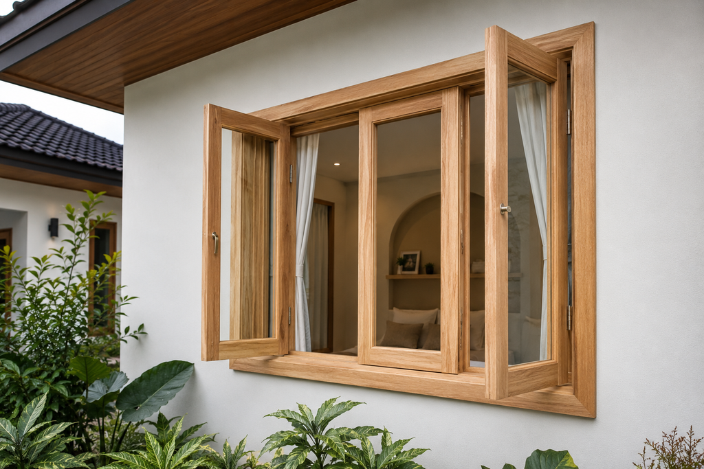 Kusen jendela rumah berbahan kayu kamper