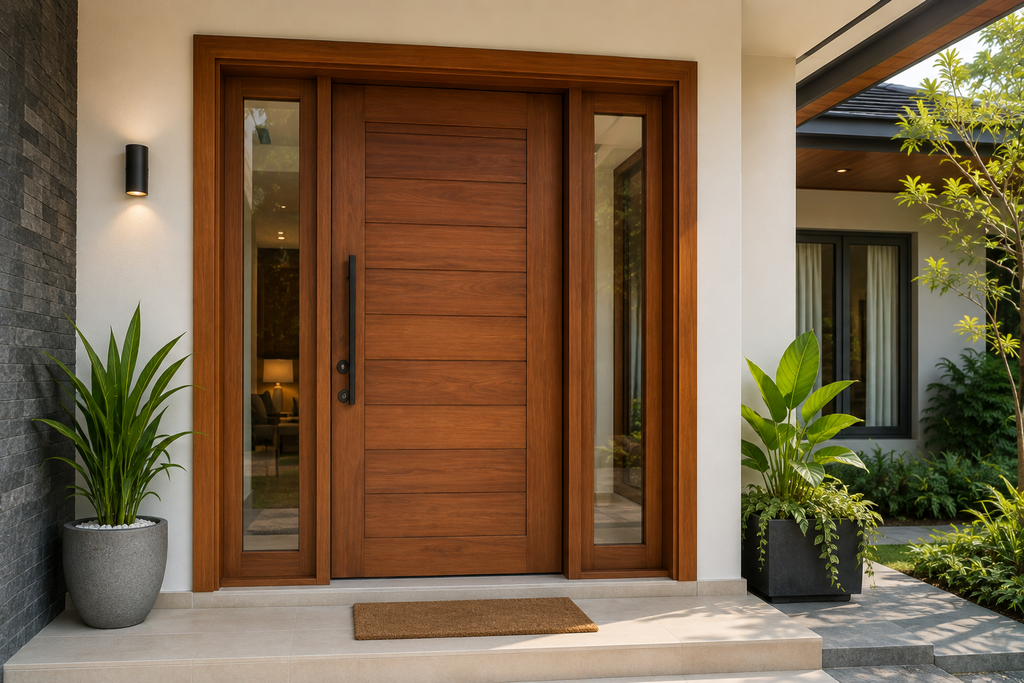 Kusen kayu pada pintu utama rumah modern