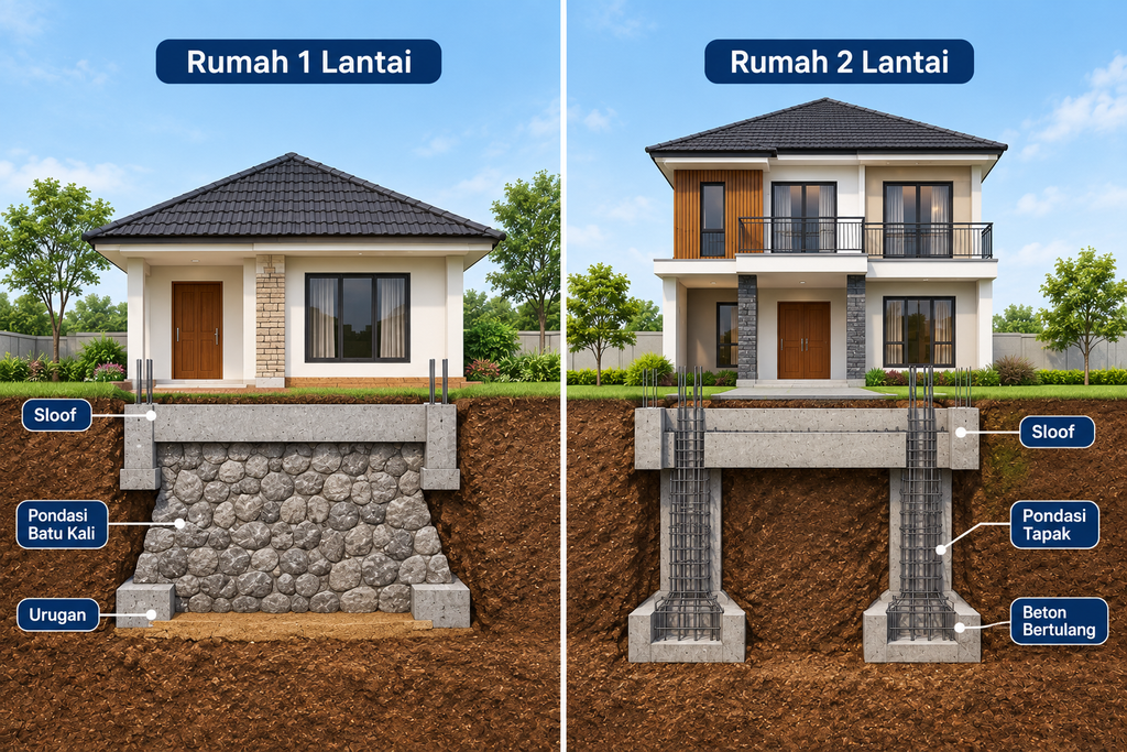 Perbandingan pondasi rumah satu lantai dan dua lantai