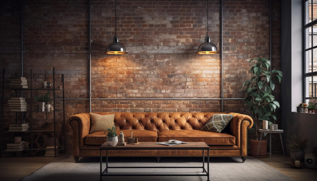 Dinding batu bertekstur pada interior rumah bergaya rustic
