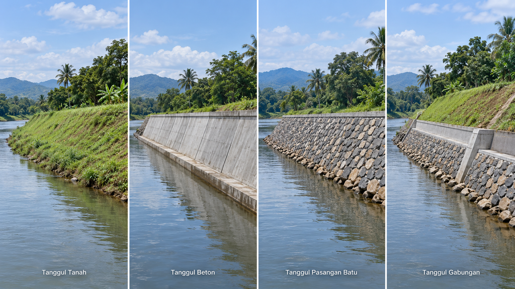 Perbandingan tanggul tanah, tanggul beton, tanggul pasangan batu, dan tanggul gabunganĀ