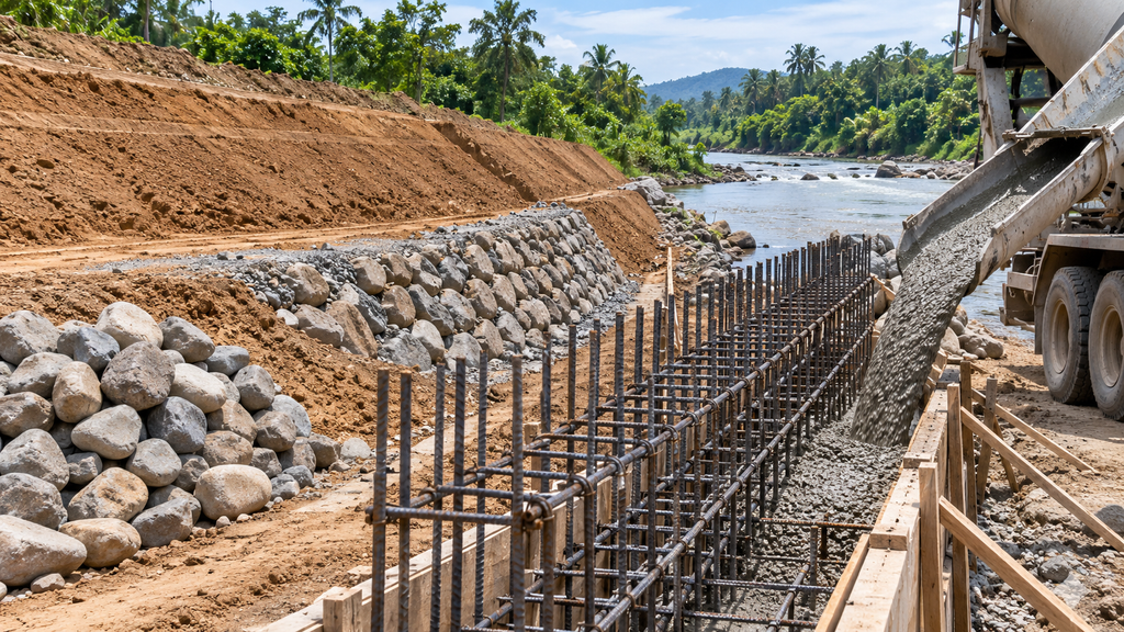 Material tanah, batu, tulangan baja, dan beton ready mix untuk konstruksi tanggul sungaiĀ