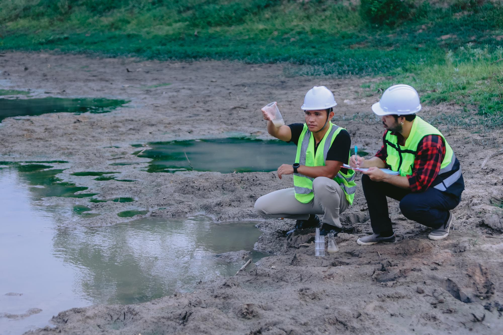 Proses survei kondisi tanah dan aliran sungai sebelum pembangunan tanggul